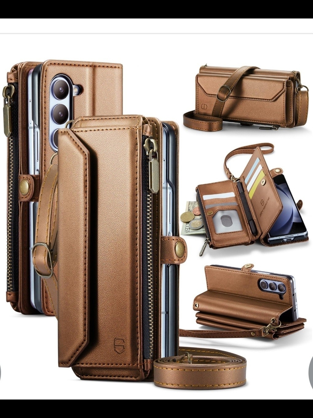 Multi-Function Brown Leather Wallet Phone Case with Detachable Strap